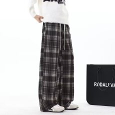 批发美式复古抽绳设计感格子裤子男女新款直筒运动宽松阔腿休闲长裤