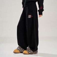 批发华棉复合魔豹拼接纹贴布美式复古<b class='q'>男</b>女<b class='q'>运动</b>裤阔腿宽松休闲裤