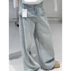 批发<b class='q'>韩版</b>复古假两件拼接设计阔腿<b class='q'>牛仔裤</b><b class='q'>女</b>2025秋季新款高腰宽松直筒裤