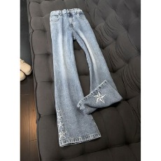 批发原版质量黑色蓝色半<b class='q'>松紧</b>微喇<b class='q'>牛仔裤</b>