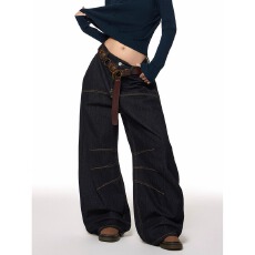 批发美式高街明线缝制设计感弯刀牛仔裤男女宽松<b class='q'>休闲</b>baggy阔腿长裤潮