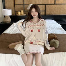 批发套装韩系甜妹<b class='q'>可爱</b>蝴蝶结连帽毛衣显瘦百搭针织上衣短裙两件套