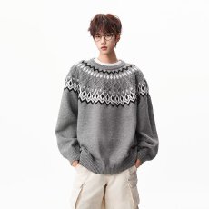 批发复古重磅费尔岛提花圆领针织衫<b class='q'>男</b>女宽松情侣休闲打底<b class='q'>毛衣</b>