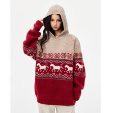 批发2025新年秋冬酒红色小马费尔岛连帽<b class='q'>毛衣</b><b class='q'>男</b>女本命年套头针织毛衫