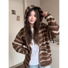批发美式复古毛呢条纹开衫连帽卫衣外套<b class='q'>男</b>女慵懒风情侣休闲帽衫