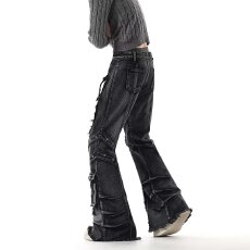 批发高街黑色<b class='q'>牛仔裤</b><b class='q'>男</b>女秋季新款多口袋高腰工装裤<b class='q'>修身</b>显瘦微喇裤