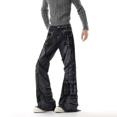 批发高街黑色<b class='q'>牛仔裤</b><b class='q'>男</b>女秋季新款多口袋高腰工装裤<b class='q'>修身</b>显瘦微喇裤