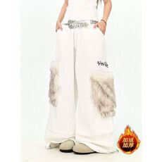 批发纯棉复绒美式复古毛绒大口袋褶皱工装裤男女<b class='q'>设计</b>感宽松阔腿裤