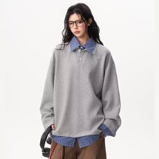 批发撞色假两件拼接<b class='q'>衬衫</b>领卫衣男女秋季<b class='q'>长袖</b>设计感上衣翻领宽松情侣款