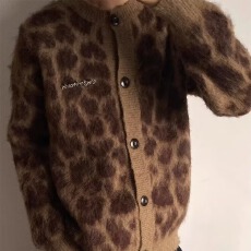 批发少女冰七淋美式<b class='q'>复古</b>豹纹针织开衫外套女秋冬慵懒风咖色马海毛毛衣