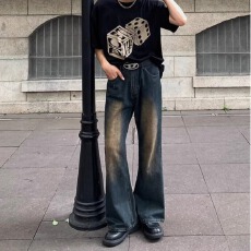 批发美式高街<b class='q'>复古</b>水洗做旧牛仔裤男女宽松微喇叭嘻哈阔腿拖地长裤子