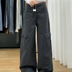 批发美式<b class='q'>复古</b>深灰色阔腿工装裤女春季新款设计感宽松显瘦直筒牛仔裤子