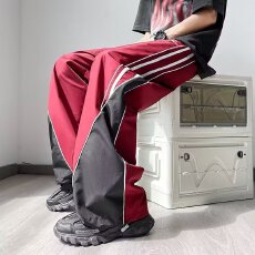 批发美式<b class='q'>复古</b>侧边条纹运动卫裤女2025夏季跳舞宽松阔腿直筒休闲裤