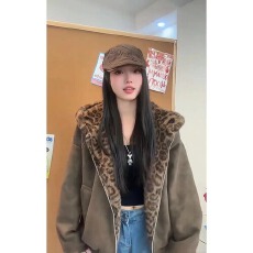 批发新款豹纹麂皮夹克外套<b class='q'>男</b>女春秋季加厚美式情侣运动连帽上衣ins