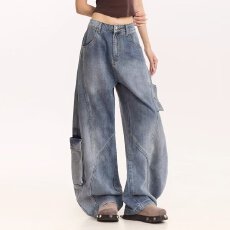 批发日系淘潮复古水洗做旧弯刀<b class='q'>牛仔裤</b>男<b class='q'>女</b>生宽松直筒休闲阔腿拖地裤潮