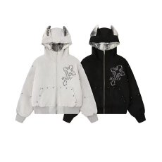 批发2025连帽<b class='q'>外套</b>灰毛棉服加绒加厚女上衣秋冬恶魔耳朵铆钉麂皮绒棉服