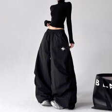 批发塔丝隆复贝贝绒抽绳新视觉阔腿工装裤男女直筒休闲加绒微喇长裤