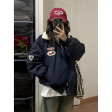 批发高街广马羊羔绒拼接加厚棉服男女秋冬棉衣百搭宽松棒球服外套上衣