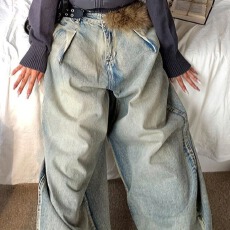 批发美式脏染水洗做旧直筒<b class='q'>牛仔裤</b>男女微喇vibe风复古宽松阔腿长裤拖地