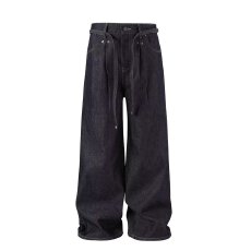 批发美式街头直筒阔腿深蓝色牛仔裤男女复古宽松cleanfit长裤子