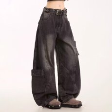 批发新款日系复古水洗做旧弯刀牛仔裤男女生宽松直筒休闲阔腿拖地裤潮