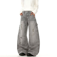 批发美式复古解构廓形做旧弯刀工装牛仔裤男女春秋宽松脏染伐木裤子