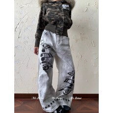 批发美式新风格复古做旧脏染音符印花牛仔裤女男秋宽松小众设计阔腿裤