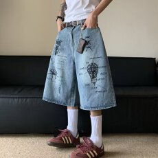 批发2026美式复古水洗涂鸦慵懒设计感显瘦宽松七分裤夏季牛仔<b class='q'>短裤</b>男<b class='q'>女</b>