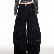 批发港风复古显瘦明线设计感<b class='q'>帅气</b>牛仔裤女宽松街头风宽松阔腿工装裤