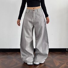 批发条纹弯刀西裤休闲裤女<b class='q'>街头</b>先锋春秋高腰显瘦阔腿裤宽松长裤子