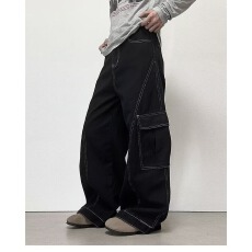 批发港风复古显瘦明线设计感<b class='q'>帅气</b>牛仔裤宽松街头风宽松阔腿工装裤男女