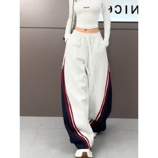 立体包边纯棉复合拼色美邦宽松休闲弯刀裤女春秋季直筒香蕉裤