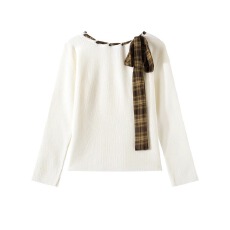 批发撞色格纹系带针织衫女秋季新款<b class='q'>一字肩</b>设计感长袖T恤百搭气质<b class='q'>上衣</b>