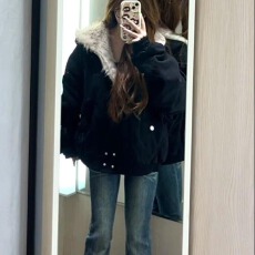 批发韩系复古时尚高级感黑色牛仔棉<b class='q'>衣外套</b>女冬季外穿毛茸茸夹棉棉袄潮