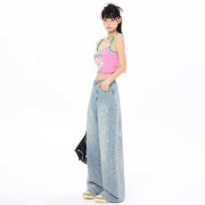 批发秋冬美式复古大码胖mm时尚百搭显瘦高级感破洞<b class='q'>牛仔裤</b>女<b class='q'>韩版</b>阔腿裤