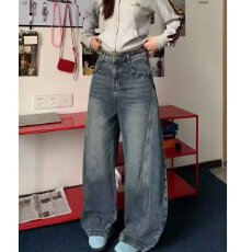 批发美式复古阔腿牛仔裤女春秋新款高腰宽松<b class='q'>大码</b>胖mm垂感直筒拖地裤子