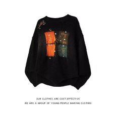 批发日系重磅设计感绣花美式圆领毛衣<b class='q'>男</b>女秋冬季新款慵懒风无帽上衣