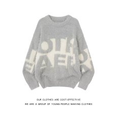 批发新款美式圆领字母毛衣秋冬季<b class='q'>男</b>女情侣款宽松复古慵懒风百搭上衣