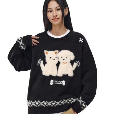 批发2025秋冬新款提花趣味小狗毛衣男女美式圆领套头学院百搭针织衫