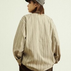 批发春秋日系风格穿搭复古条纹衬衫男女宽松百搭休闲长袖工装衬衣外套