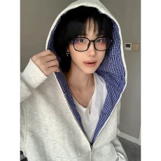 批发原宿流行简约文艺新款潮流<b class='q'>百搭</b>ins高克重双面穿蓝格纹内里卫衣