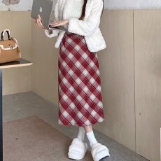 批发红色毛呢格子半身裙春秋短裙女高腰显瘦遮垮辣妹a字裙秋冬包臀裙
