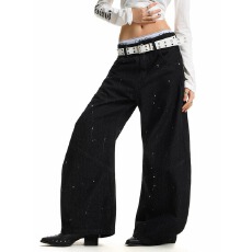 批发美式复古拼接条纹泼墨弯刀牛仔裤男女宽松休闲水洗做旧设计感长裤