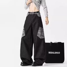 批发复古大口袋弯刀拼接牛仔裤男女休闲美式直筒宽松休闲阔腿长裤