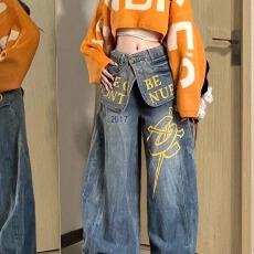 批发美式假两件叠穿涂鸦印花牛仔裤女设计感宽松显瘦慵懒阔腿拖地裤子