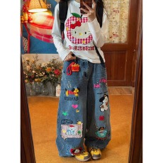 批发大码美式复古趣味刺绣水洗牛仔裤女设计感宽松显瘦连体长裤潮