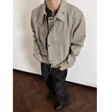 做旧飞机扣翻领夹克男女春秋季美式复古vintage短宽工装外套