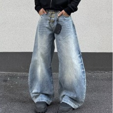 2026美式复古水洗做旧弯刀牛仔裤男女显瘦廓形宽松拖地阔腿休闲裤