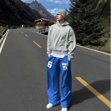 美式街头休闲裤蓝色裤子女秋冬字母印花直筒卫裤宽松显瘦运动长裤