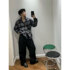 批发美式<b class='q'>街头</b>复古蓝色格子长袖衬衫男女宽松休闲衬衣外套